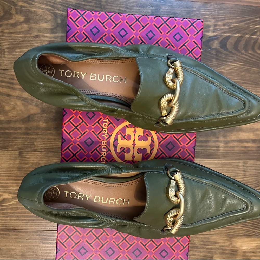 Olive Green Leather Loafers with Gold Chain Detail